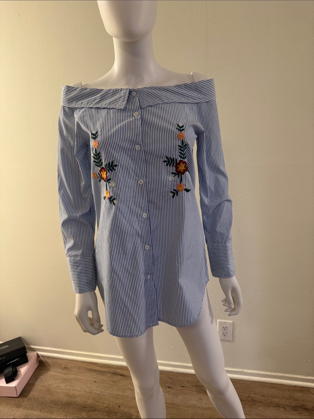 Renuar Blue & White Striped Off-Shoulder Shirt Dress with Floral Embroidery